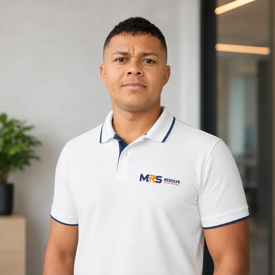 Profissional da MRS Resolve com a camisa da empresa