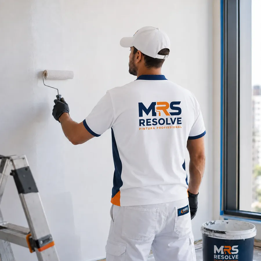 Profissional da MRS Resolve pintando uma parede com rolo, em ambiente com vista para a cidade
